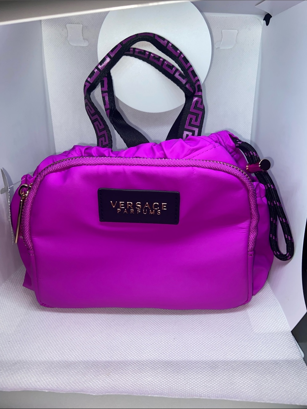 Versace Parfums Mini Tote Handbag Purse Clutch Purple Pink Gold Zipper